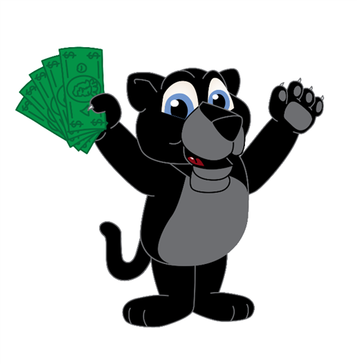 Cartoon panther holding bundle of paper money 